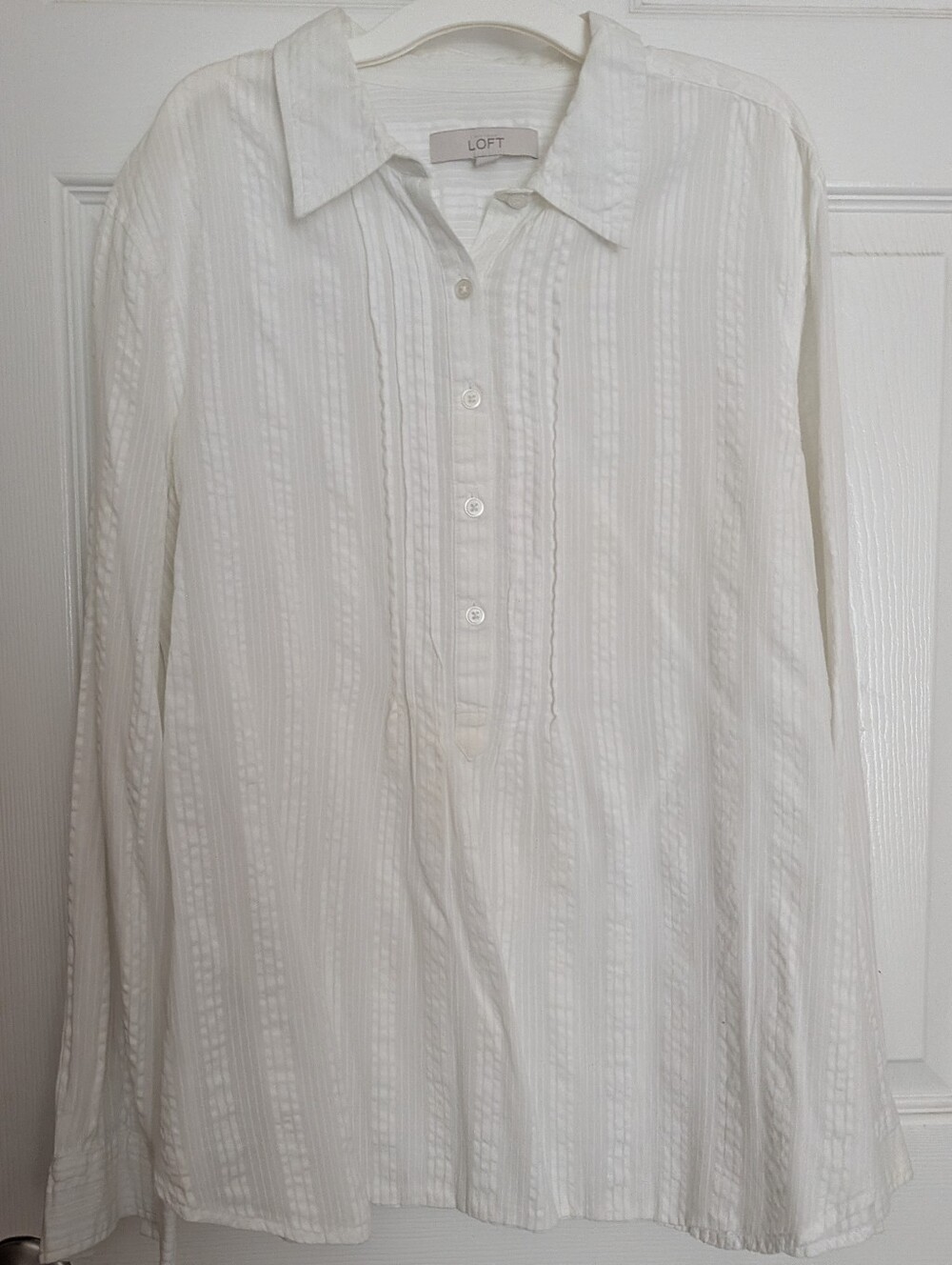 LOFT Cream Textured Half-Button Collared Blouse